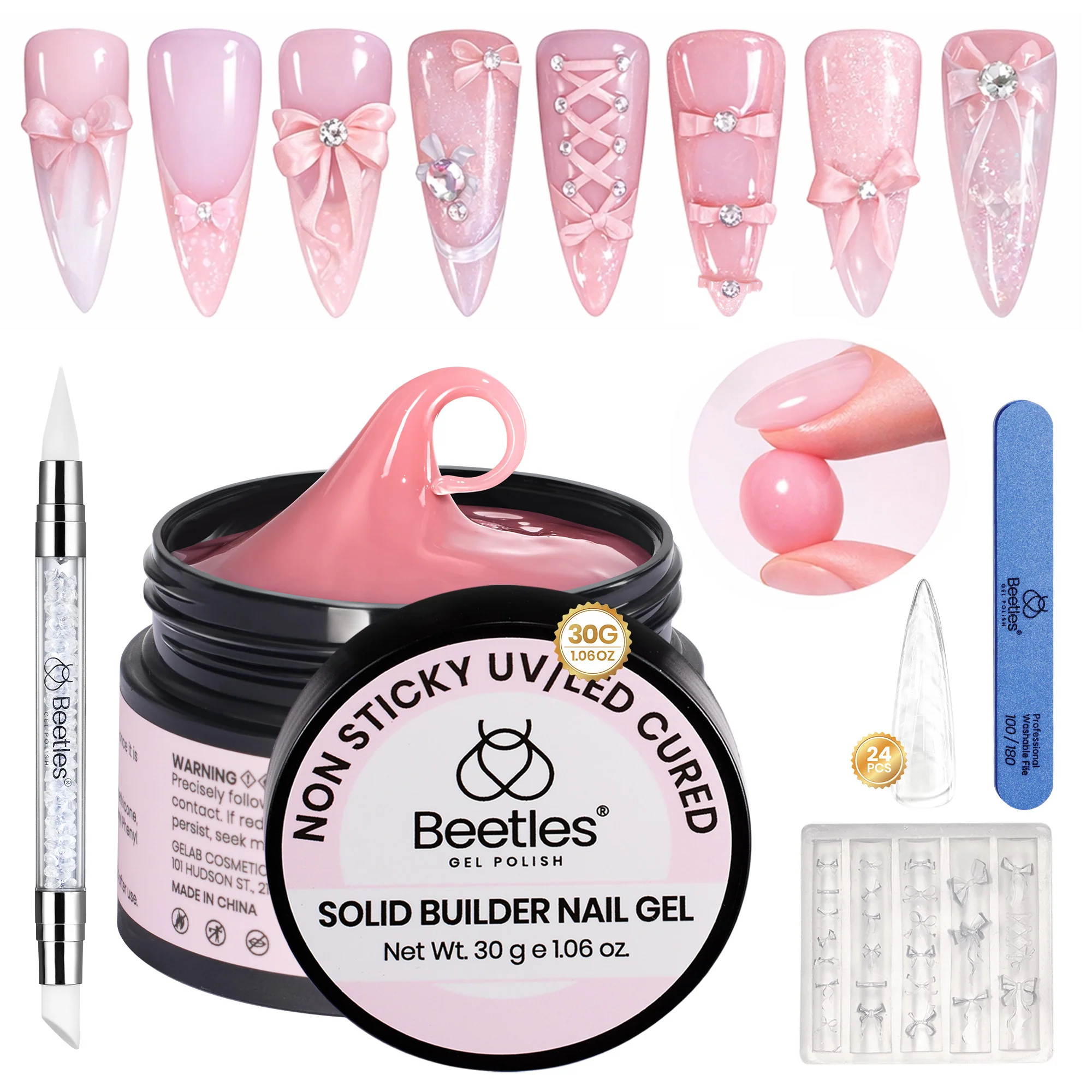 Beetles 3D Gel Nail Art-Ballet Whisper Pink Solid Builder Nail Gel Non-Sticky Sculpting with Dual-Ended Sculpture Pen & Stiletto Dual From, Beginner Friendly DIY at Home,UV LED Lamp Needed