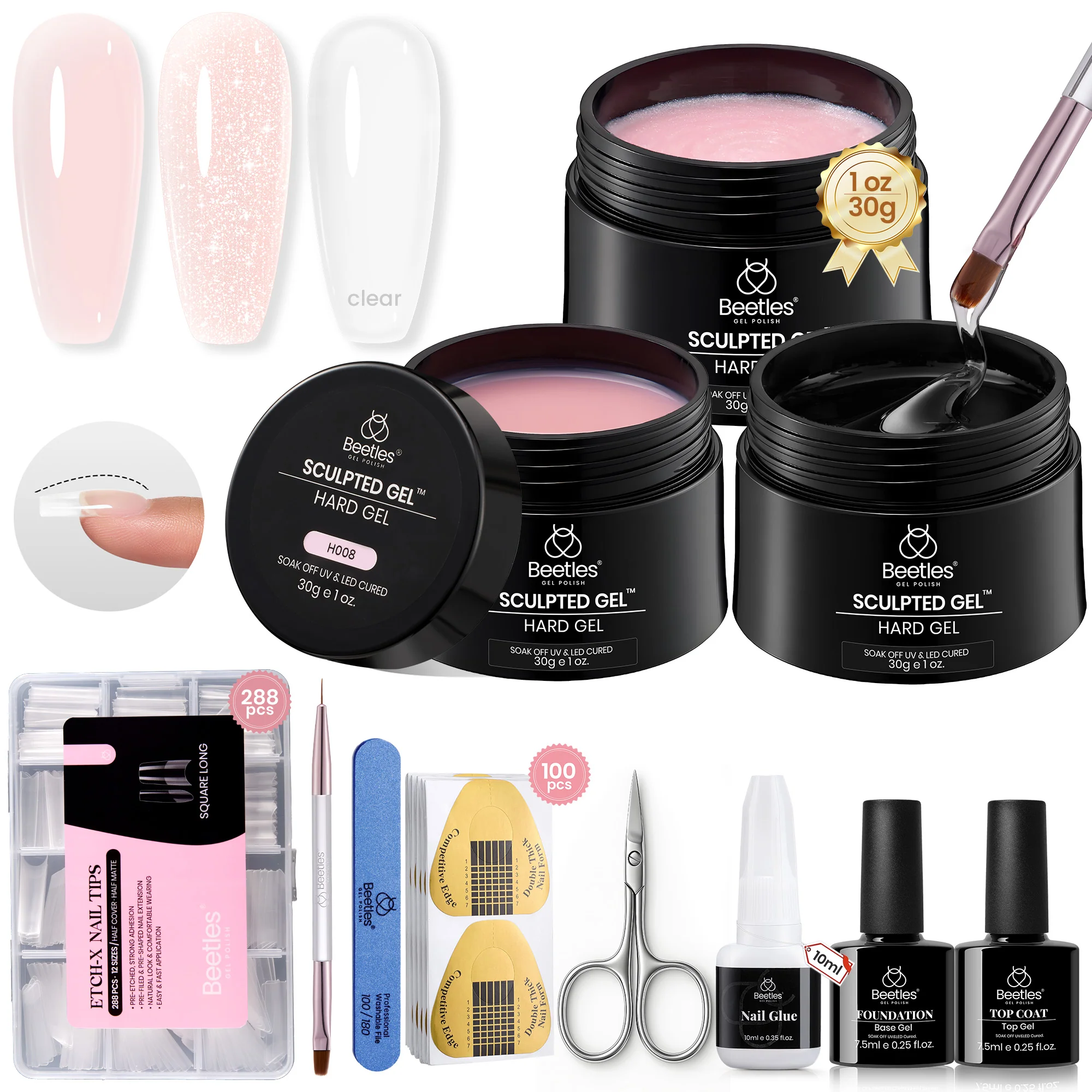 Beetles Builder Gel for Nails, 9 in 1 High Hardness Clear Jelly Glitter Sculpted Gel with Nail Forms Nail Tips Nail Glue Nail Pen Nail Scissors Top Base Coat Nail Extension Kit for Manicurist Women