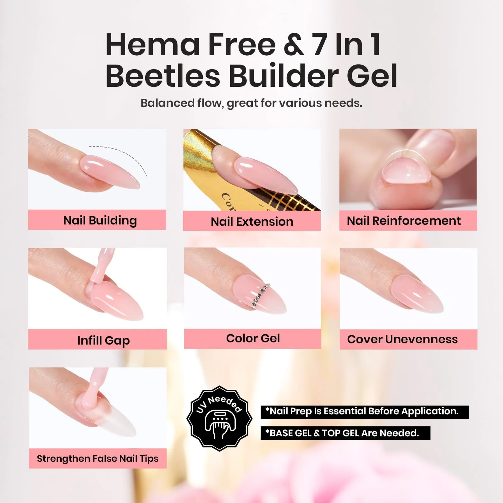 Beetles Builder Gel HEMA Free-Pristine Grace 0.5 oz 8 in 1 Nail Thickening Strengthening Building Apex for Beginner DIY Salon at Home, Jelly Pink Builder Valentines Nail Gel, UV & LED Lamp Cured - Image 4