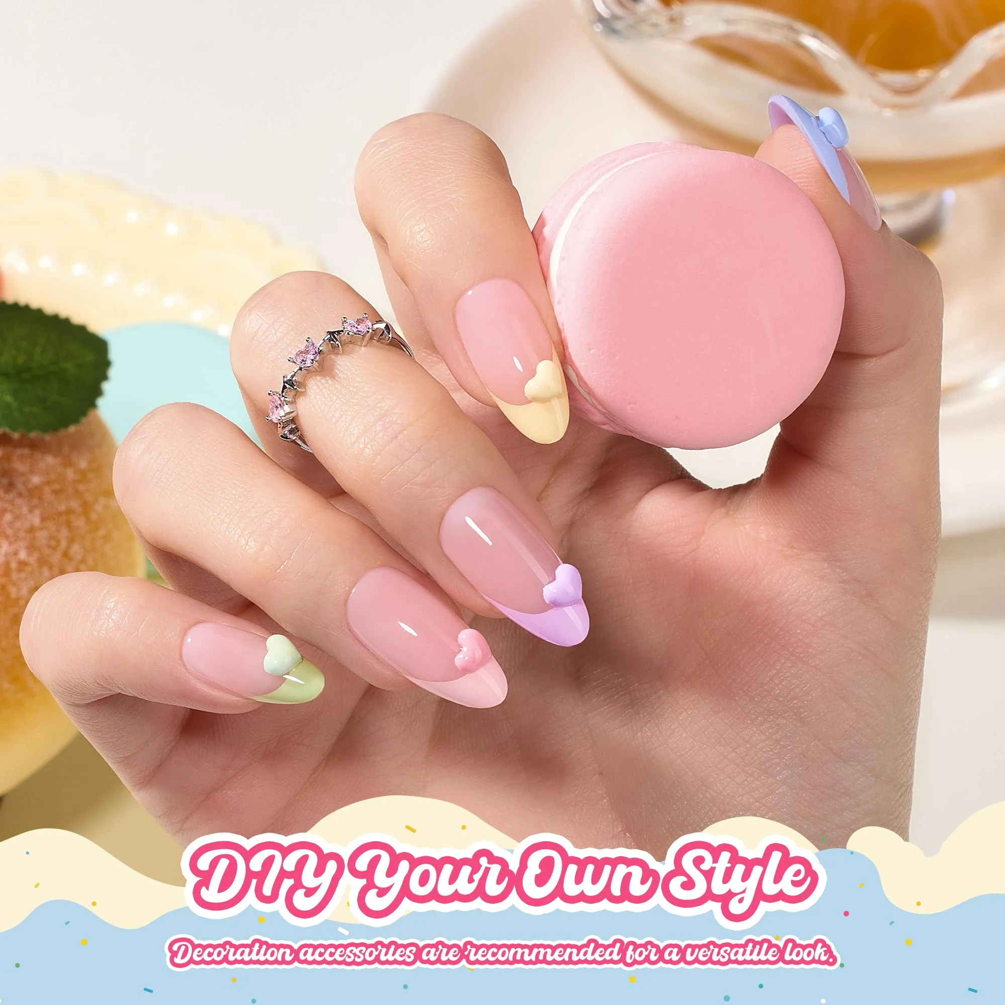 Beetles French Tips Press On Nails, Pastel Spring Nails Medium Almond 6 Colors 192 Pcs, Spring Fake Nail Tips - Image 4