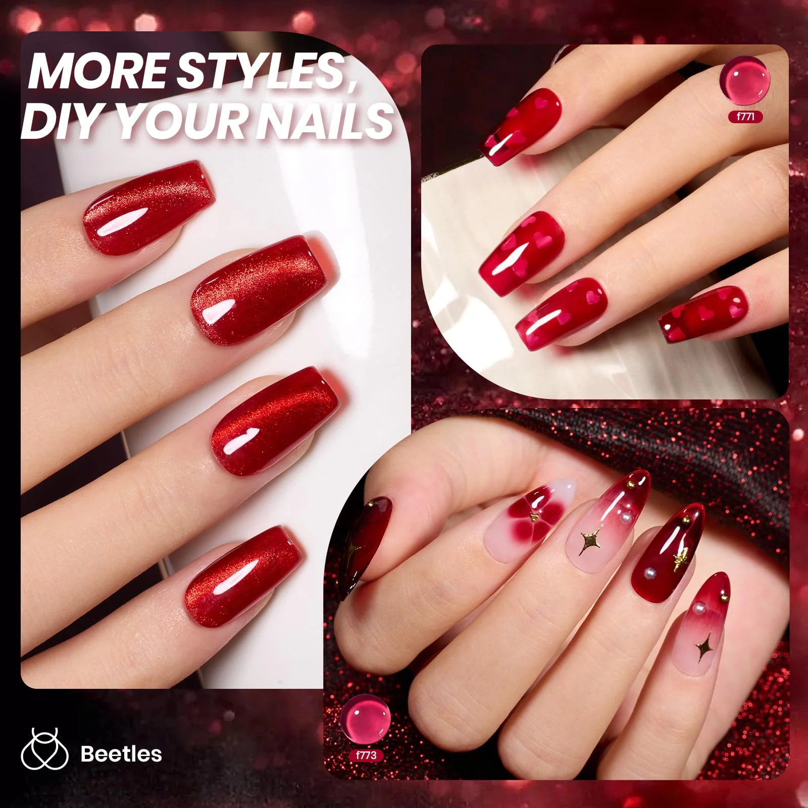 Beetles Gel Polish Luminous Ruby -  Spring Nails 6 Colors Sheer Red Shimmer Burgundy Jelly Gel Nail Polish Set - Image 3
