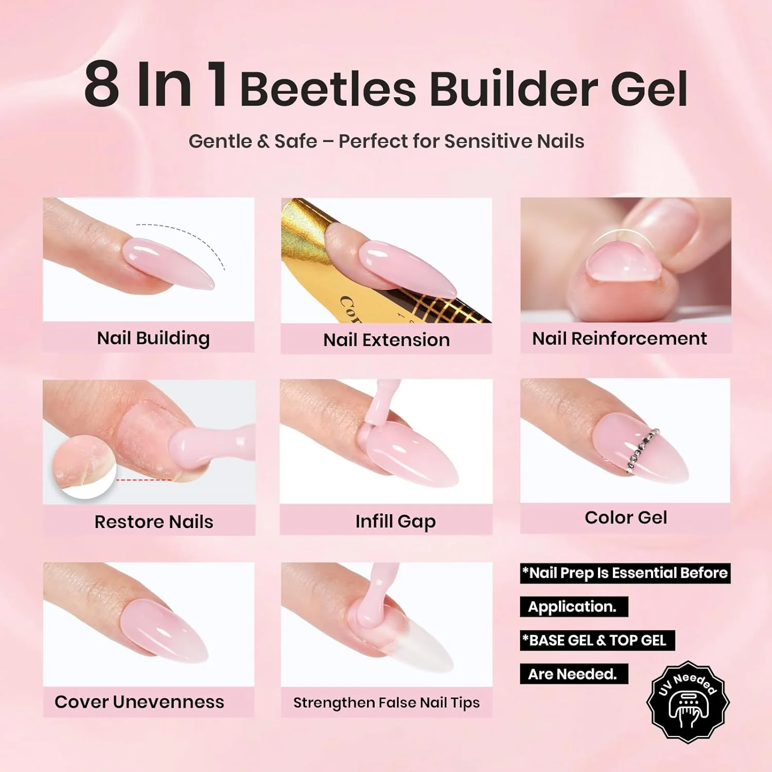 Beetles HEMA-Free Builder Nail Gel, 0.5 oz 8 in 1 Jelly Pink Gel Builder for Sensitive Nails Strengthening & Building Nail Apex UV & LED Lamp Cured DIY Salon at Home for Beginners Women - Image 4