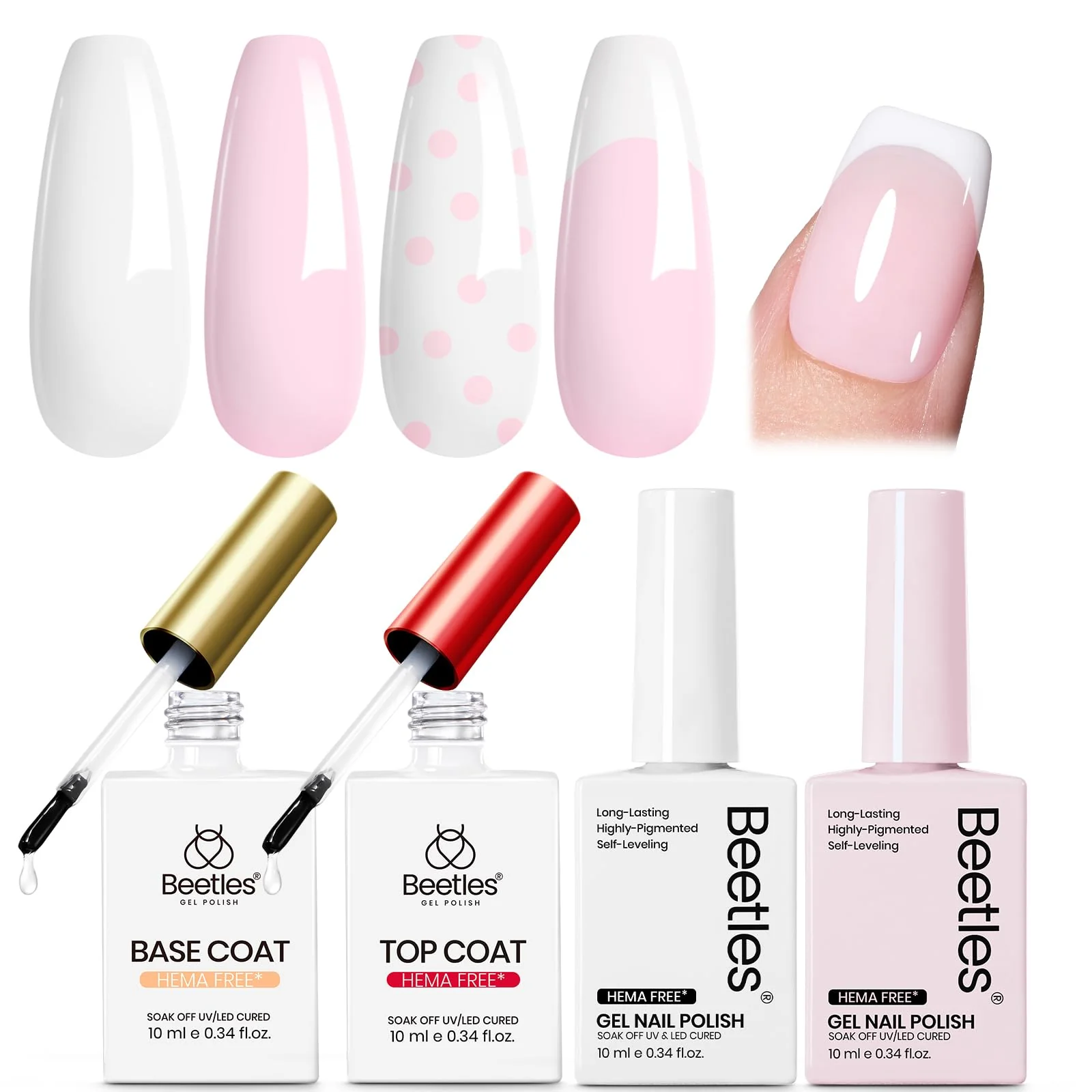 Beetles Pastel Gel Polish Set - Petal Ivory, 4Pcs White & Pink Gel Nail Polish with Base Coat Top Coat, Soak Off UV LED Lamp French Nails Art for Spring Nails