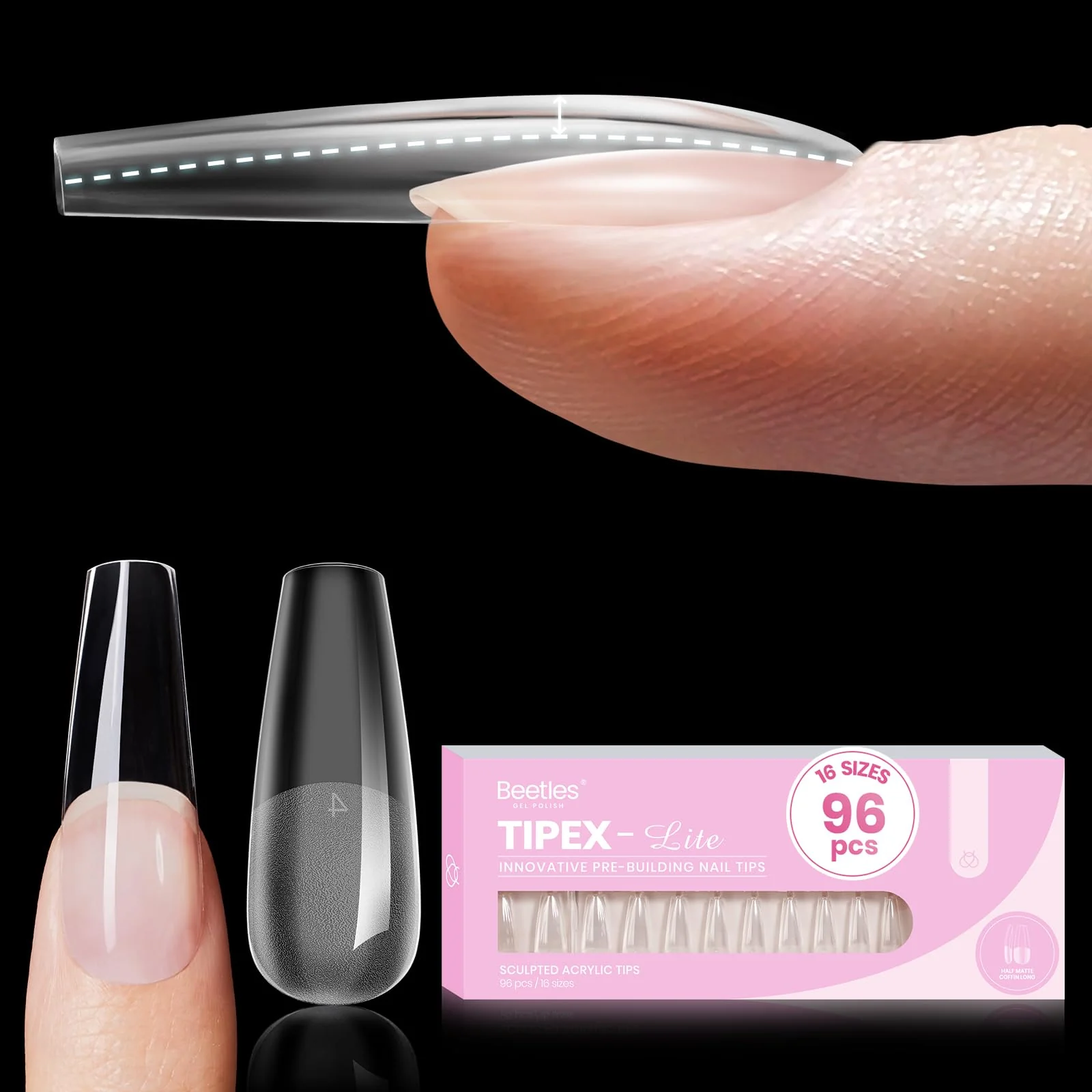 Beetles Tipex Lite Apex Nail Tips - Coffin Long 96pcs 16 Sizes