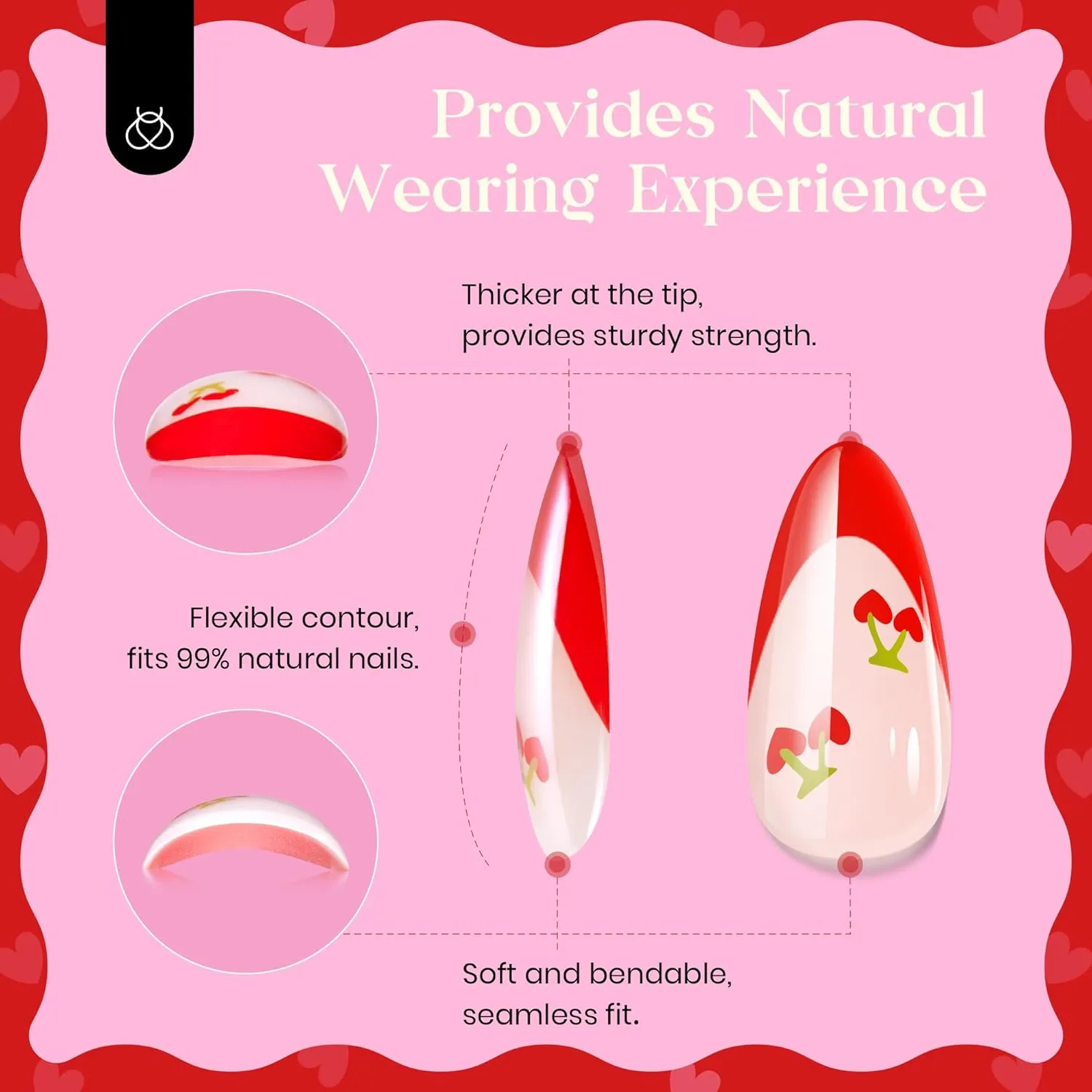 Beetles Spring Cherry Red French Press on Nails | Medium Almond 15 Sizes-30Pcs - Image 6