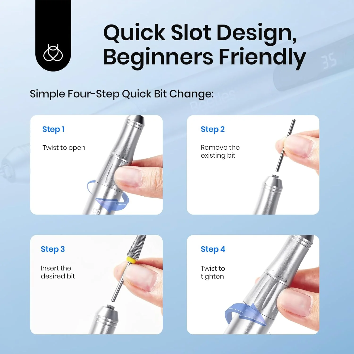 Silver Professional E-file Electric Nail Drill Set-Includes 5 Multifunctional Drill Bits - Image 6