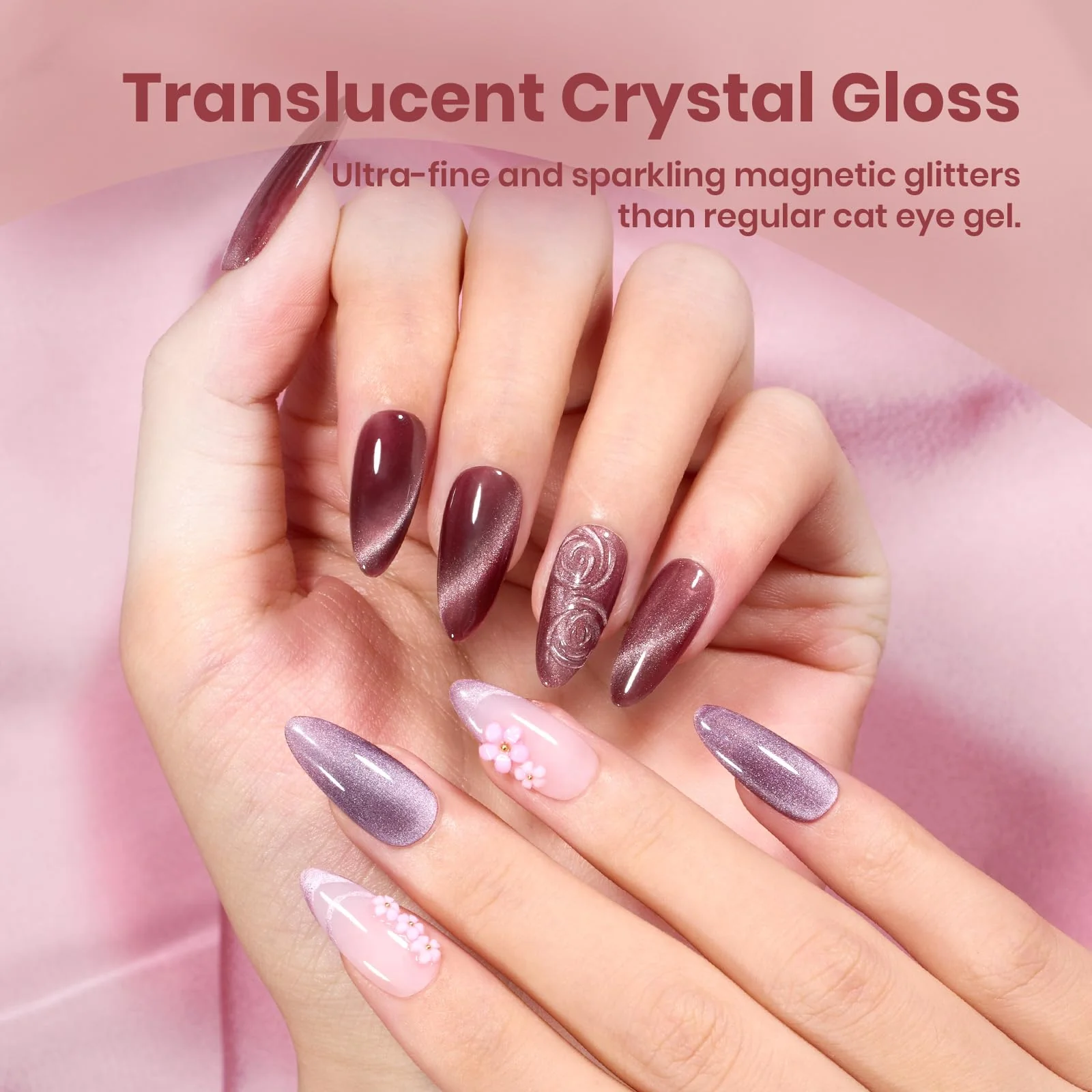 Ceramic Rose Winter Nails - 6 Colors Glitter Magnetic Purple Cat Eye Gel Polish Nail Set - Image 4