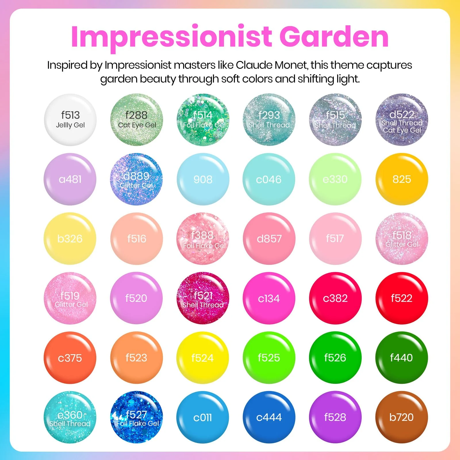 Impressionist Garden - 36 Nail Spring Nails Pastel Gel Polish Colors - Image 2